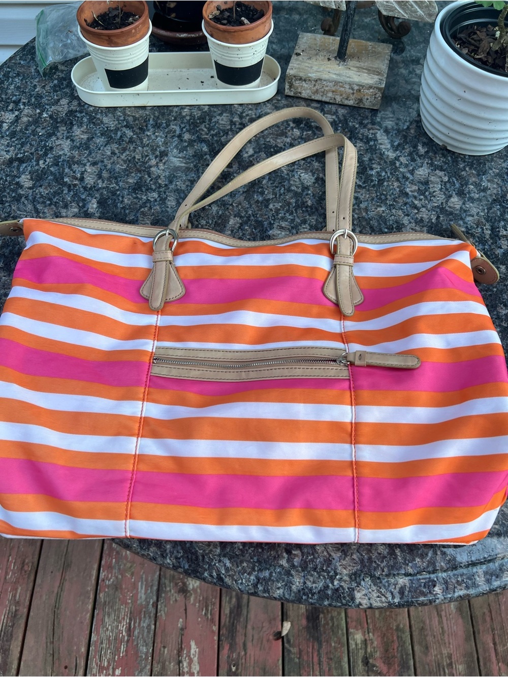 Banana Republic Pink, Orange & White Striped Tote with Neutral Handles